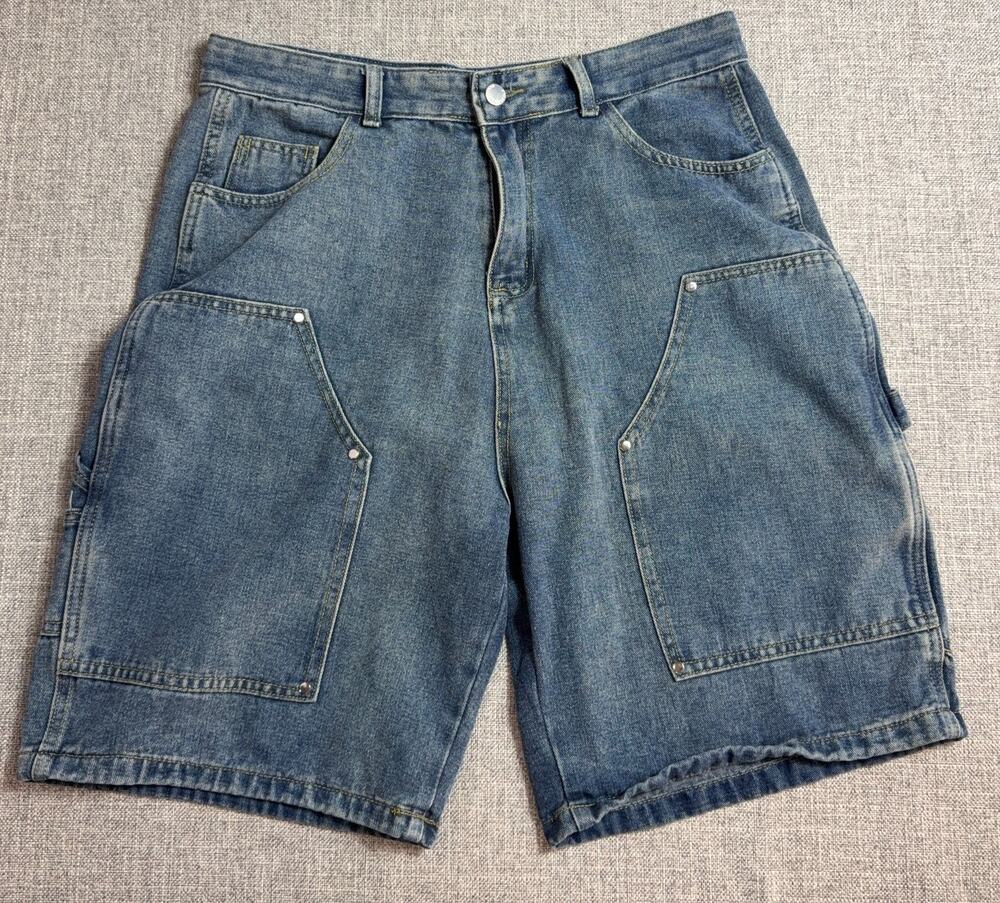 Mens XL 34 Baggy Denim Cargo Jorts Y2K Skater Carpenter Utility Shorts